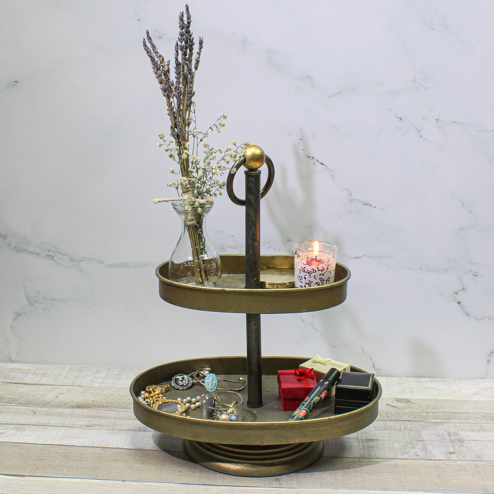 2-Tier Antiqued Gold Pedestal Tray  15x12