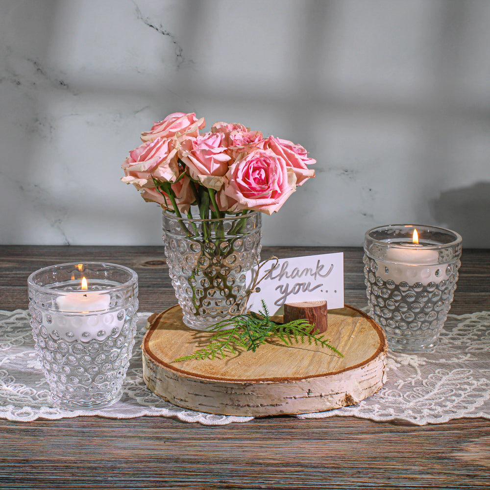 Centerpieces with Candles on Wood Slabs