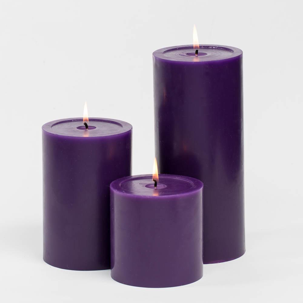 Richland Pillar Candles 4 x4", 4"x6" & 4"x9 Purple Set of 3