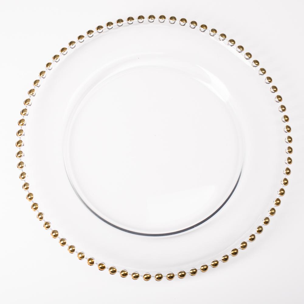 Decorative Gold Rim Charger Plate Large Pearl Beads Clear Glass Wedding
