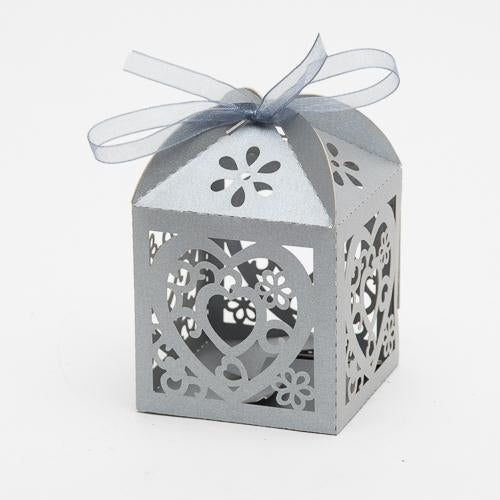 Richland Love Heart Laser Cut Favor Box with Organza Ribbon, Pearl Silver Set of 50