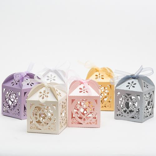 Richland Love Heart Laser Cut Favor Box with Organza Ribbon, Pearl Silver Set of 100