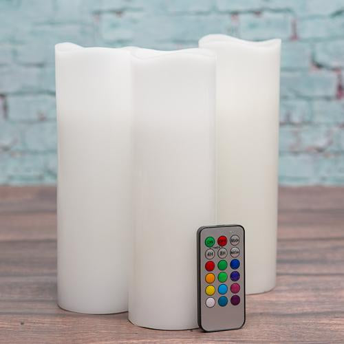 Richland Flameless LED Remote Control Wavy Top Pillar Candle White 3"x9" Set of 3