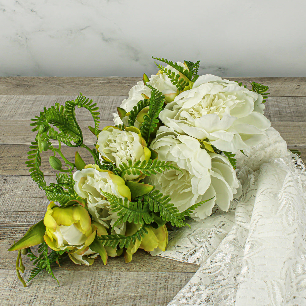 Richland Peony and Fern Cascading Bouquet White 9.5 inch