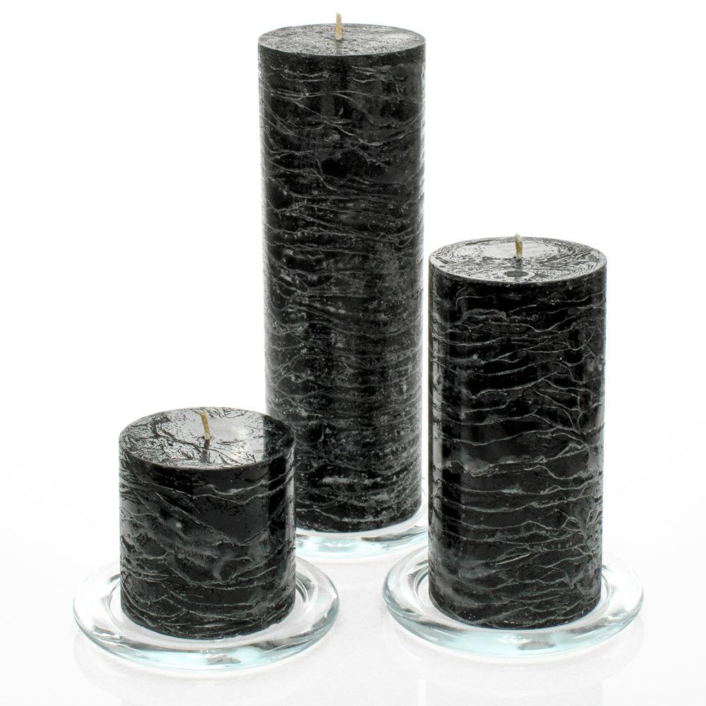 Richland Rustic Pillar Candle 3" x "3, 3" x 6" & 3"x 9" Black Set of 36