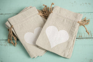 linen heart favor bags 12 bags 4x6