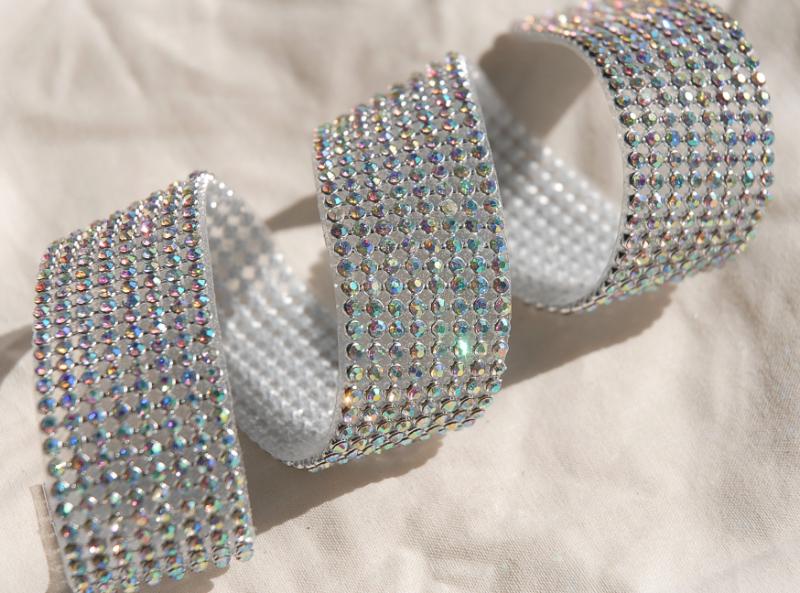 iridescent diamond ribbon trim with glass stones silver setting 1 1 8in x 18 1 2