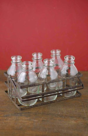 Bottle Basket Caddy with 6 Glass Bottles 4x7