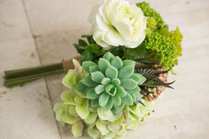 Faux Hydrangea, Rose & Succulent Bouquet in Green and White 12" Tall