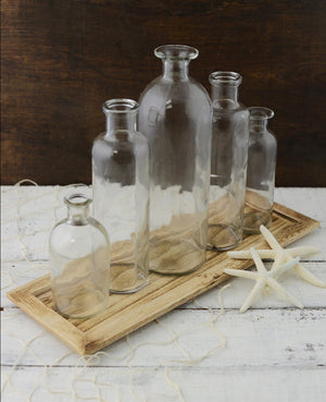 5 glass bottle vases w tray 16in