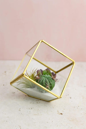 Glass Terrarium Cube Brass 3.875in