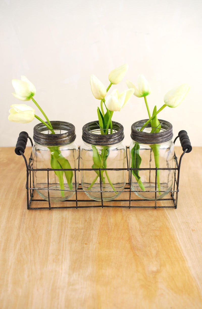 wire basket with 3 glass mason jars with frog lids - thumbnail number 3