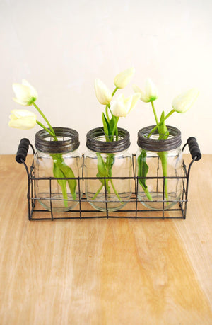 wire basket with 3 glass mason jars with frog lids