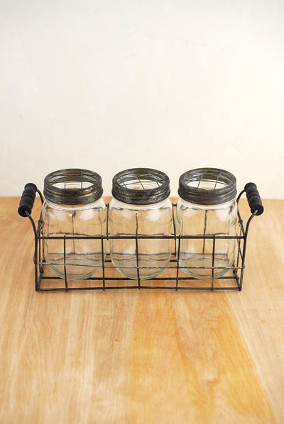 Metal Wire Basket and 3 Glass Mason Jars with Frog Lids