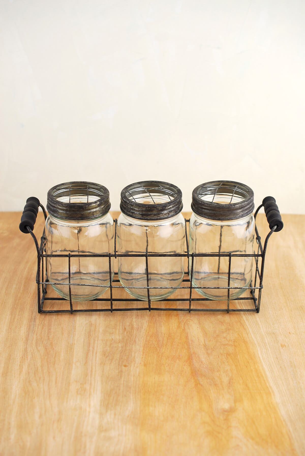 Wire Basket with 3 Glass Mason Jars with Frog Lids