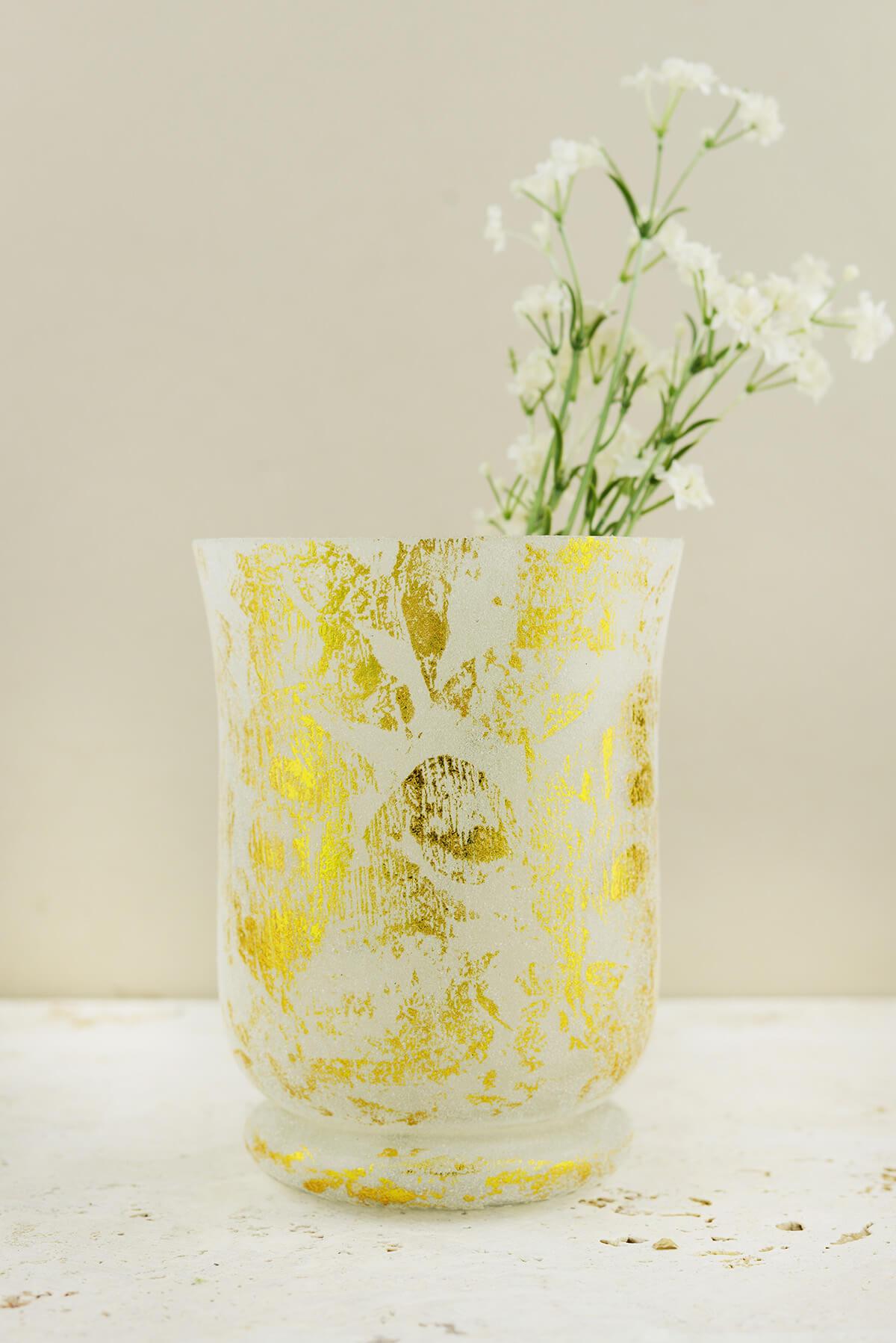 Frosted Gold Glass Hurricane Vase & Candleholder 6"