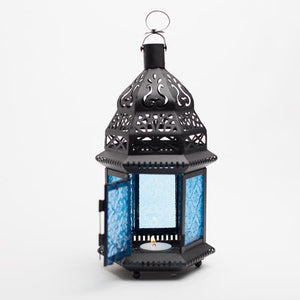 richland hanging moroccan metal lantern with blue embossed glass