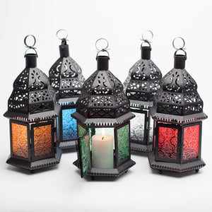 richland hanging moroccan metal lantern with blue embossed glass