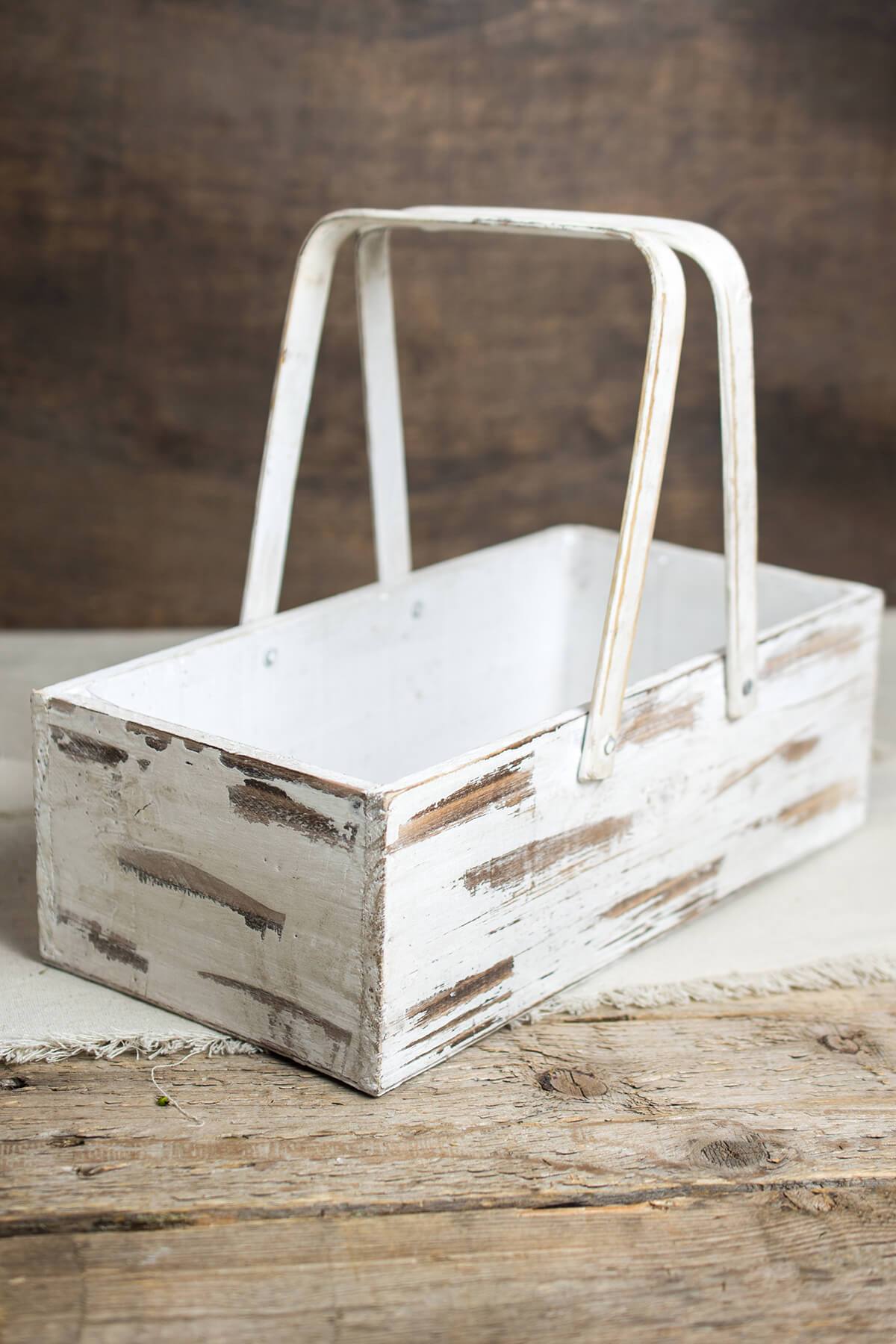 Whitewashed Wood Planter Box Basket with Handles 6x12