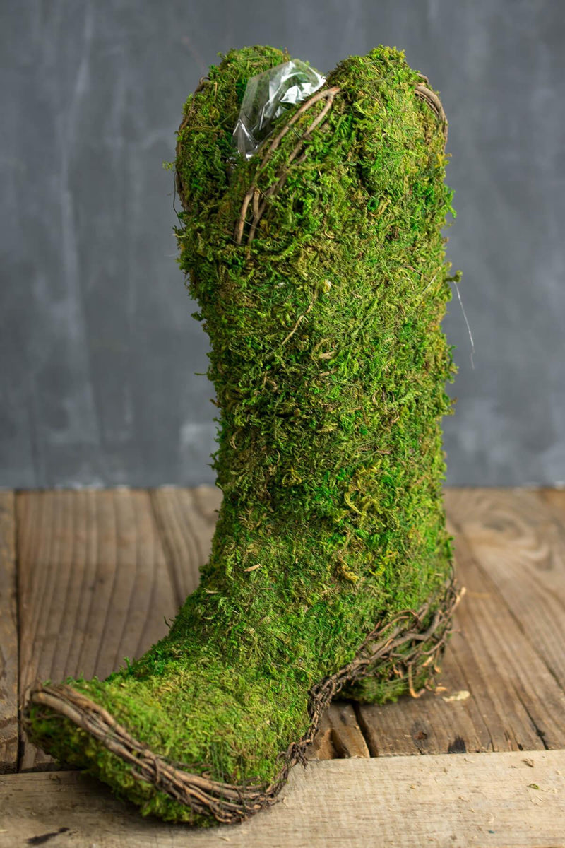 moss covered cowboy boot topiary pot 13in - thumbnail number 2