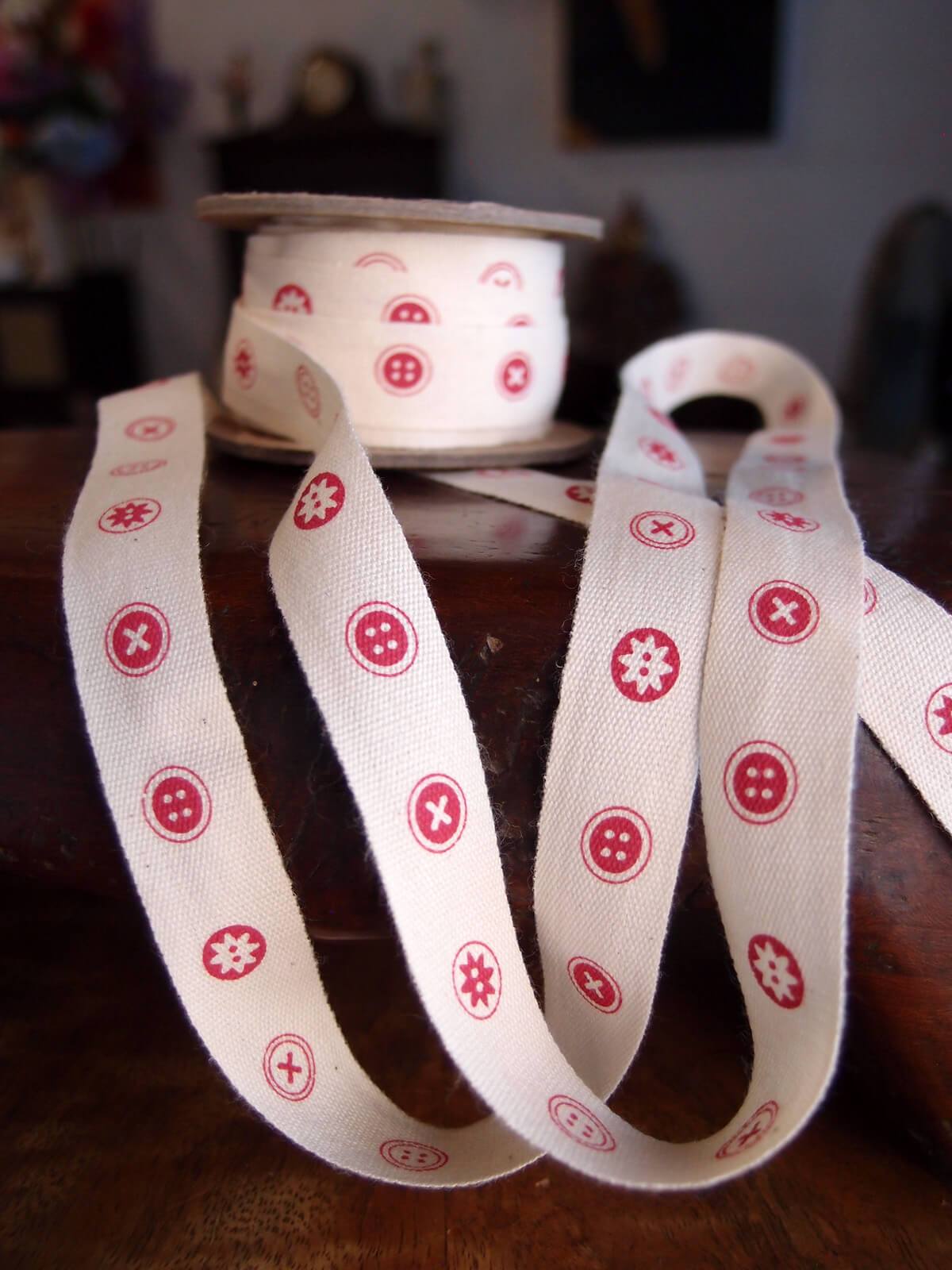 Red Button Cotton Ribbon 5/8in x 10yd Red & Ivory