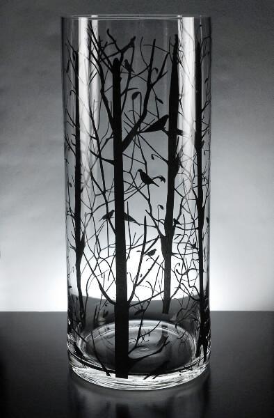 Glass Cylinder Vase with Tree Silhouette 14in