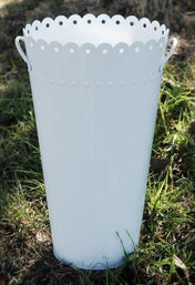 18" Scalloped WHITE ENAMEL Oval Flower Market Bucket with handles - thumbnail number 1
