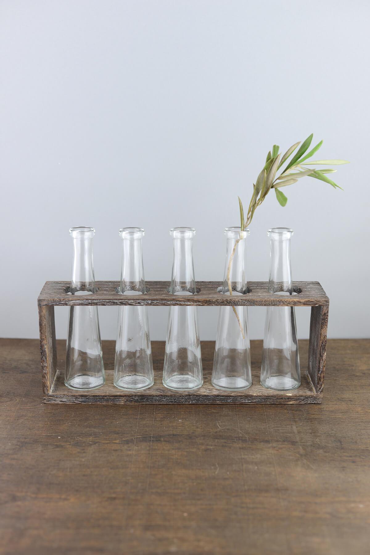 tabletop vase bottle rack with 5 glass bottles 13in